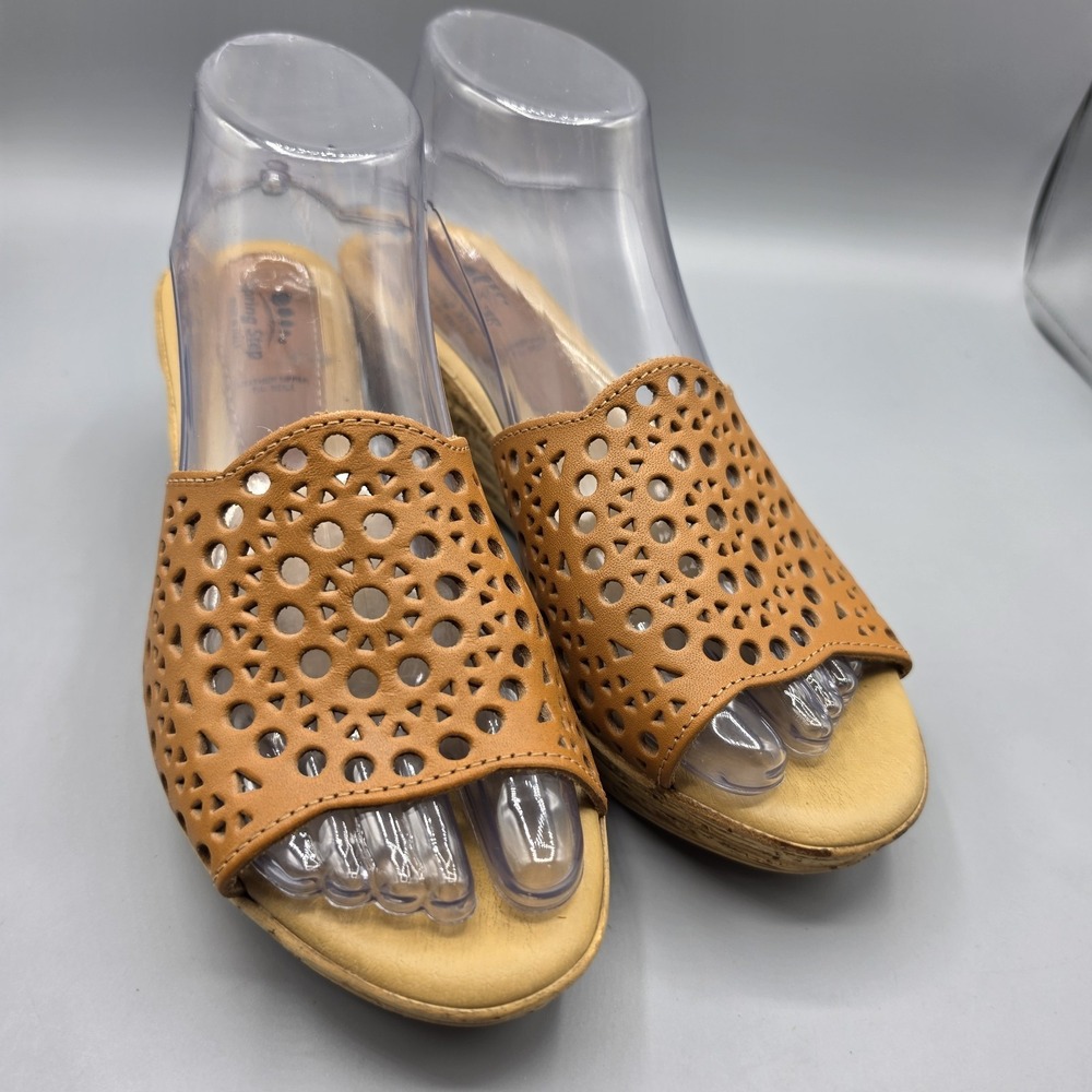 Spring Step Sandals Womens 39 Brown Leather Perforated Wedge Heel Slides Comfort